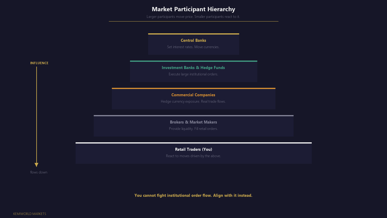 Pyramid diagram with 4 tiers: central banks, institutions, hedge funds, retail — showing influence and volume flow.