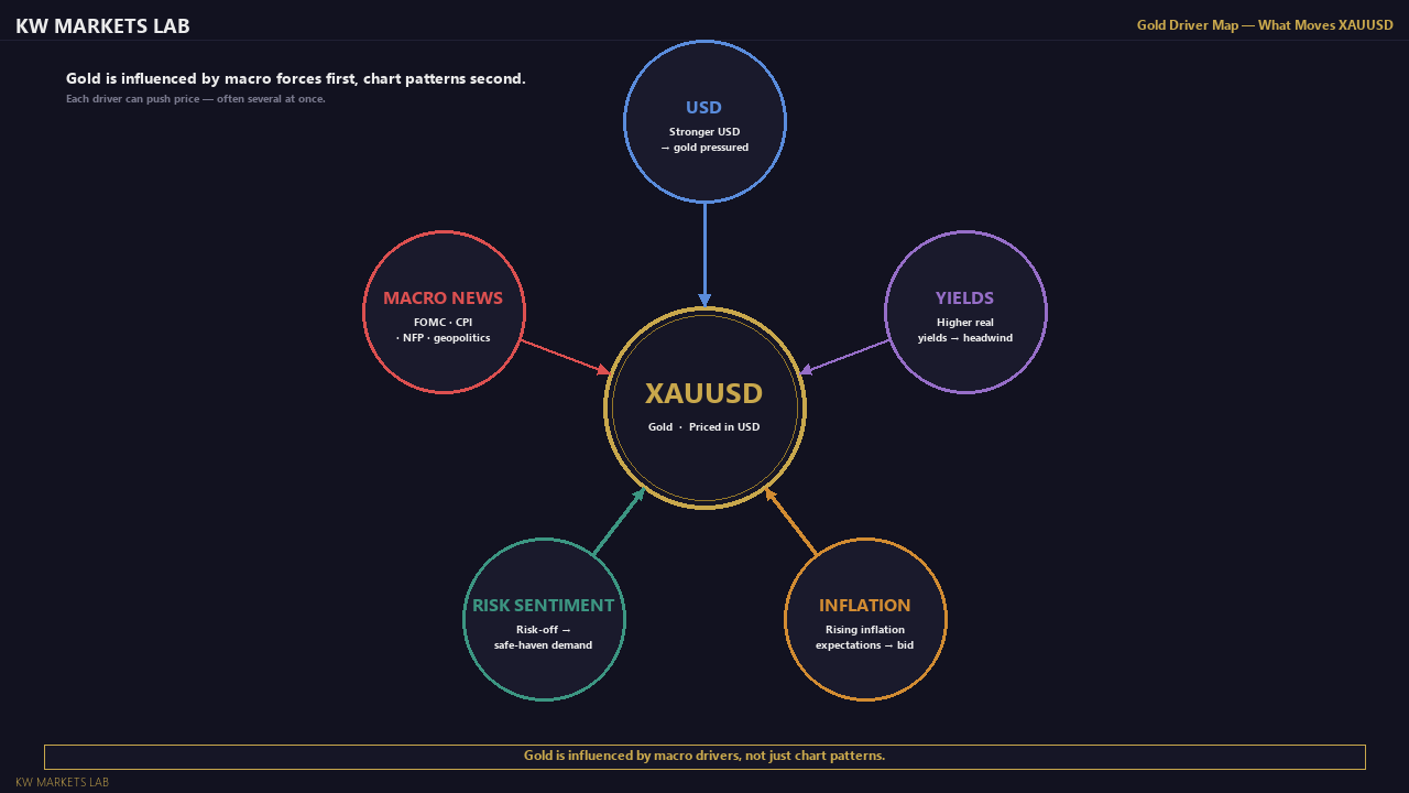 Mind-map with XAUUSD at centre and six spokes: DXY, real rates, risk sentiment, central bank demand, inflation, geopolitics.