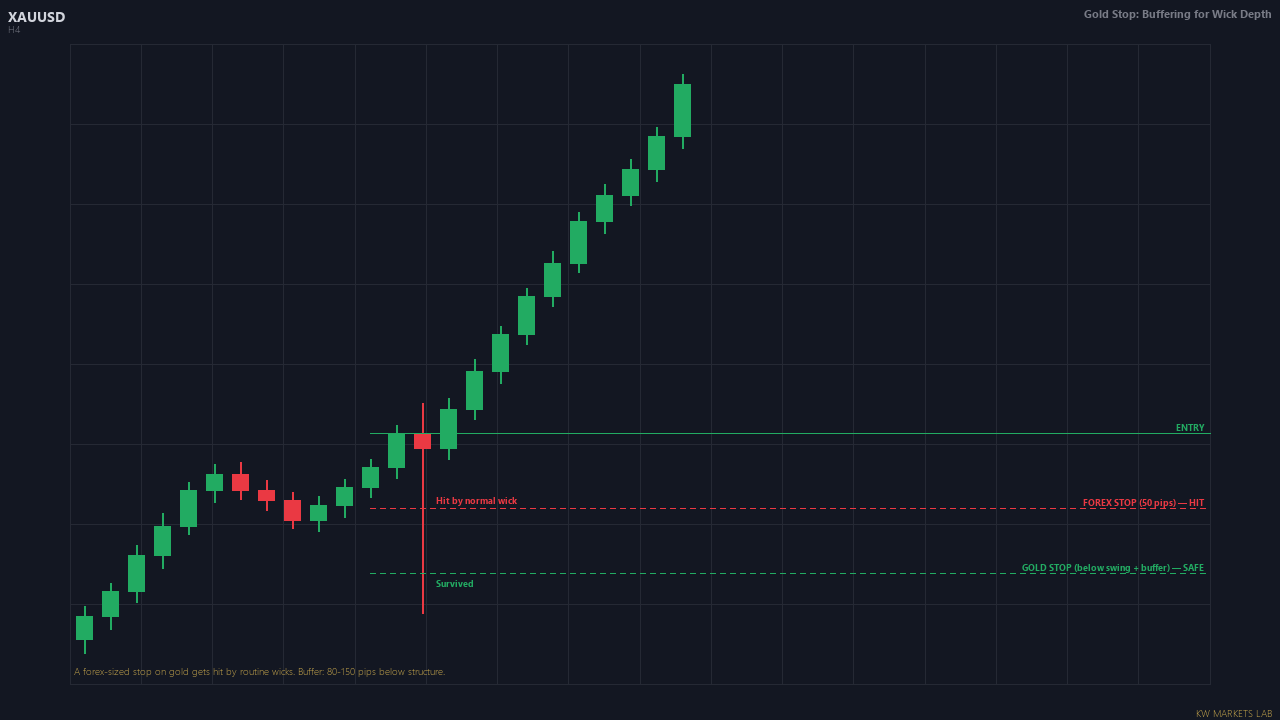 Two-panel comparison: insufficient forex-style stop vs correct gold stop with buffer.